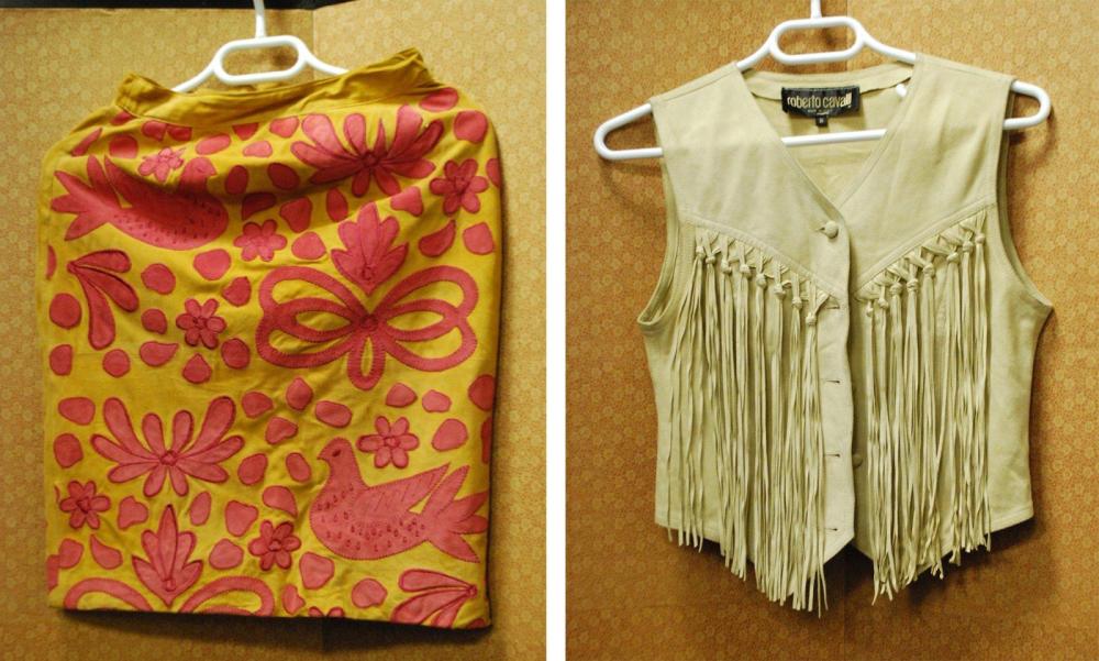 Roberto CAVALLI, VALENTINO

Lot composé dun gilet tailleur en veau velours beige à effet de franges, et une jupe droite en en veau velours camel rehaussé de motifs appliqués rose (salissures)