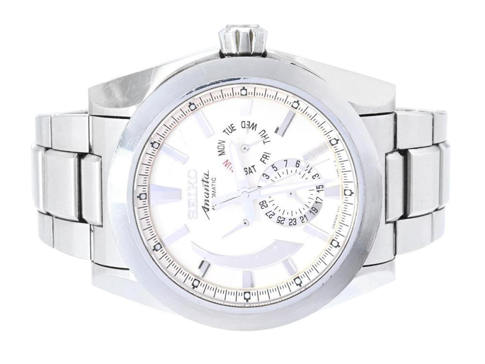 Watches

Seiko

SEIKO, Ananta, Cal 6R21A, Serial no. 970110, Case no. 6R21-00C0, men´s wristwatch, 46 mm, steel, self winding, sapphire crystal (repor), day, date, power reserve, damaged dial, display caseback, original bracelet, folding clasp, approx. 2009.