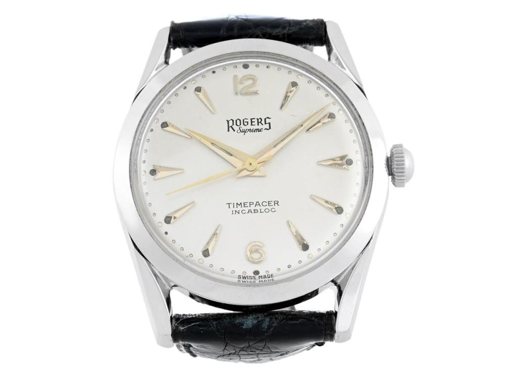 Watches

Miscellaneous watch

ROGERS, Supreme, Timepacer, "Dead Beat Seconds", men´s wristwatch, 35 mm, Cal Chezard 116, steel, manual winding, plastic crystal, damaged dial, leather strap, approx. 1955.