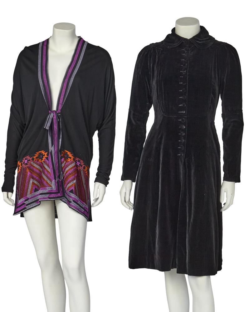 An Ossie Clark black velvet evening coat, circa 1970

An Ossie Clark black velvet evening coat, circa 1970

labelled, with self-covered buttons to front closure, peter pan collar, box pleats into a martingale belt at rear waist, chest 86cm 34in; together with a Janice Wainwright black jersey jacket with embroidered banding to hem, side slits, tie belt, raglan sleeves, of voluminous cut (2)

Share this lot: