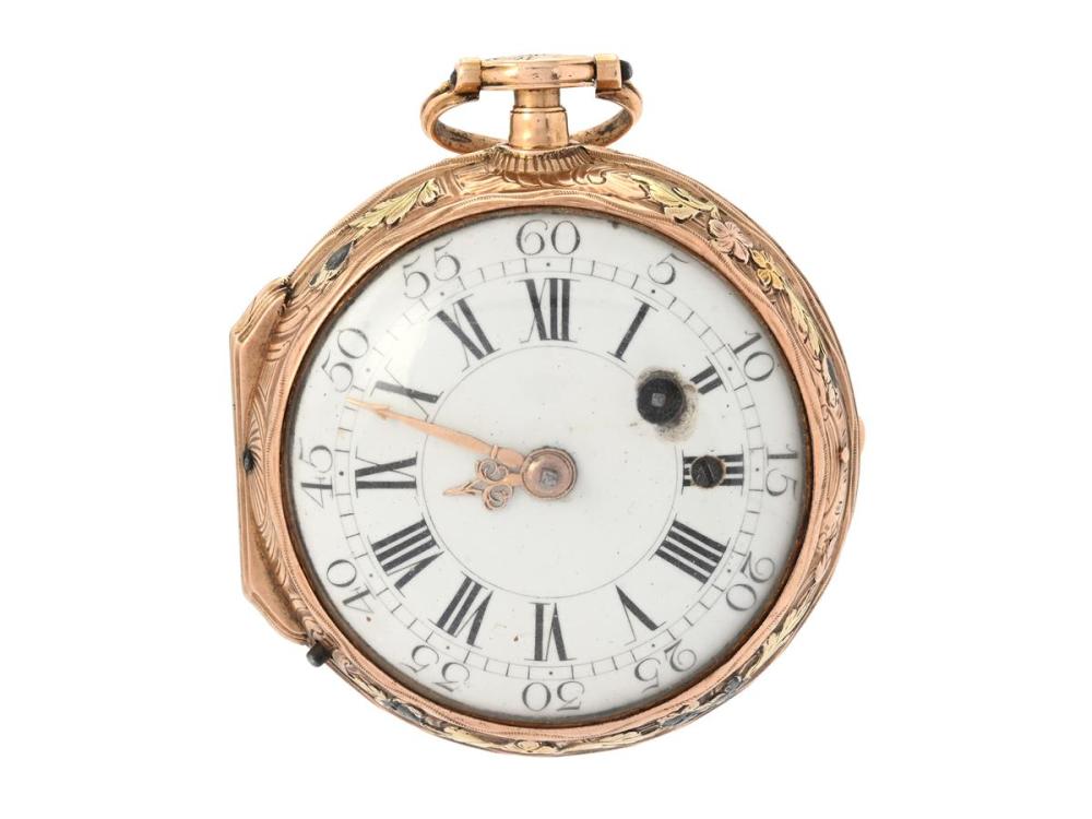 Watches

Pocket watches

TERROT & THUILLIER, Genève, pocket watch, 46 mm, Serial no. 17325, 17K three-coloured gold, verge escapement, key wind, repeater, damaged dial, defect (not working, needs overhaul), approx. 1770.