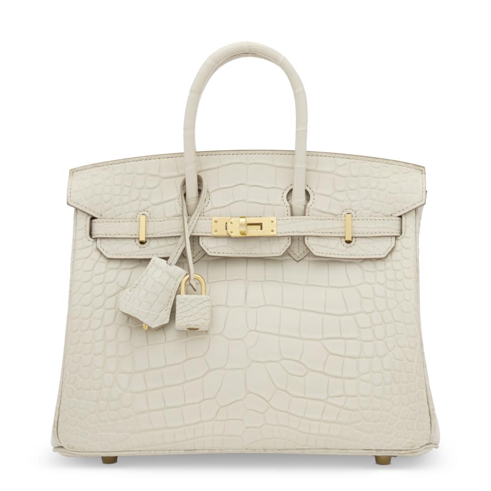 A MATTE BÉTON ALLIGATOR BIRKIN 25 WITH GOLD HARDWARE

HERMÈS, 2024

GRADE: 2.5 
25 w x 19 h x 14 d cm 
includes lock, keys, clochette, small dustbag, dustbag, care booklet and box. 
Alligator Mississippiensis, Annexe CITES II-B 
“This lot is subject to CITES export/import restrictions. The lot can only be shipped within the European Union or personally picked up from our Paris saleroom. We apologize in advance if we are unable to deliver the lot to the shipping address that you specified at registration. Please refer to the “Conditions of Sale” or contact the department for further details.”