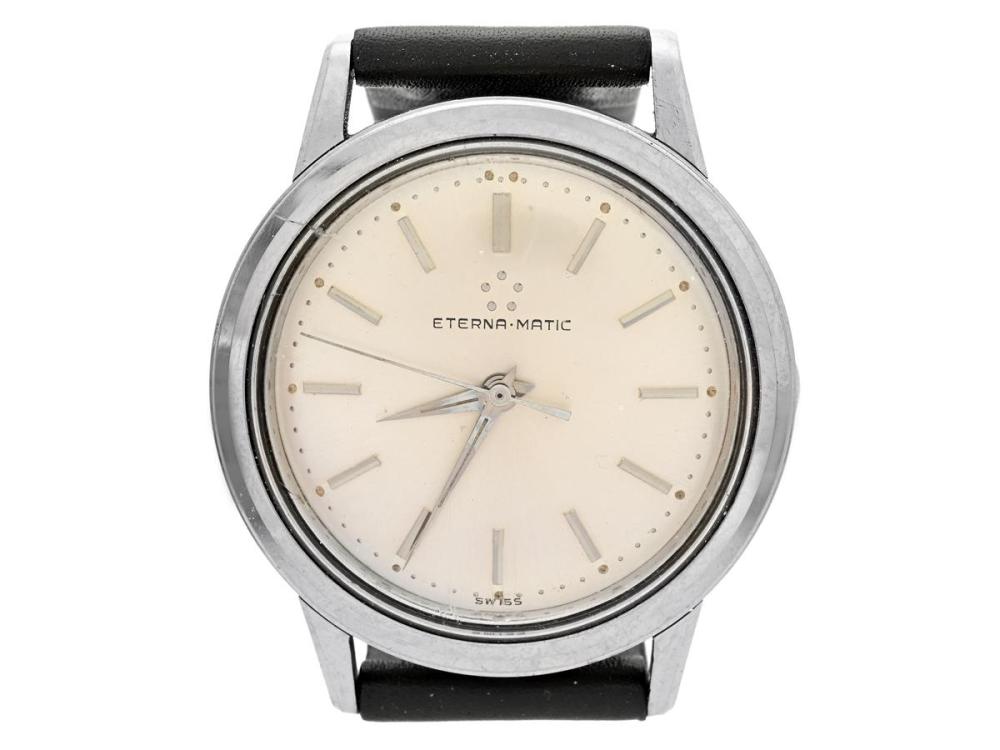 Watches

Eterna

ETERNA-MATIC, men´s wristwatch, 34,5 mm, Cal 1412 UD, Serial no. 4551136, Case no. 4434346, steel, self winding, plastic crystal, damaged dial, leather strap, approx. 1960.