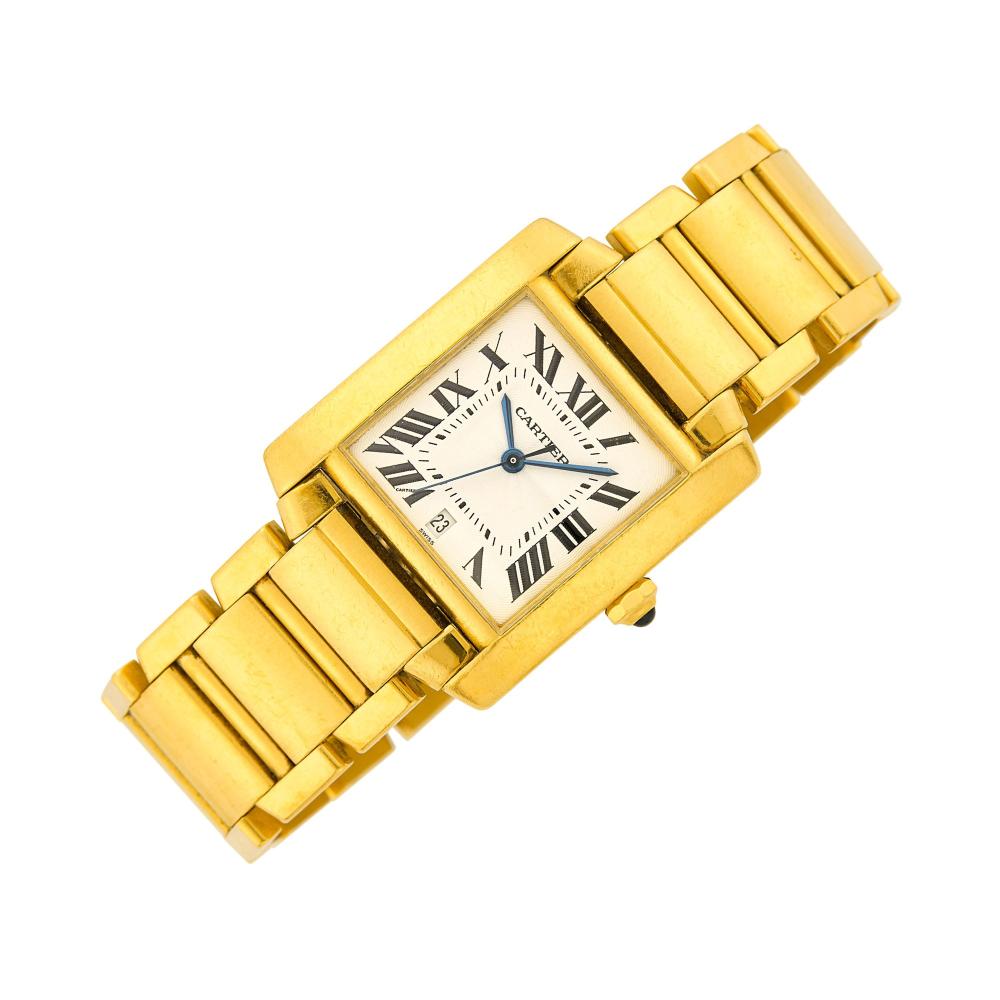 18 kt. gold, automatic, square guilloché silver-tone dial, black Roman numerals, inner track indicators, blued steel hands, sapphire crystal, round cabochon blue spinel crown, case diameter ap. 32 x 28 mm., buckle link bracelet with double deployant clasp, dial, movement, case and clasp signed Cartier, case no. MG253982, ap. 90.5 dwts. gross. Length 7 1/8 inches.

The movement is currently running, but not guaranteed to be in working order.Moderate wear to gold.Case diameter 1 1/4 x 1 1/8 inches. Bracelet width 3/4 inch.                            
Any condition statement is given as a courtesy to a client, is an opinion and should not be treated as a statement of fact and our Organization shall have no responsibility for any error or omission. Please contact the specialist department to request further information or additional images that may be available.