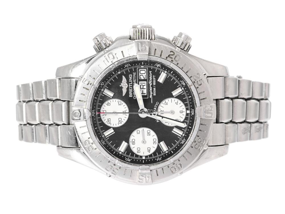 Watches

Breitling

BREITLING, Chrono SuperOcean (500M/1650FT), Chronometre, Cal 13 (ETA 7750), Movement no. 709711, Serial no. 709711, Ref no. A13340, Case no. 0804 B5, chronograph, men´s wristwatch, 42 mm, steel, self winding, sapphire crystal, day, date, Professional bracelet, folding clasp, Ref no. S0604/878A, certificate, January 2005, box, paper box.