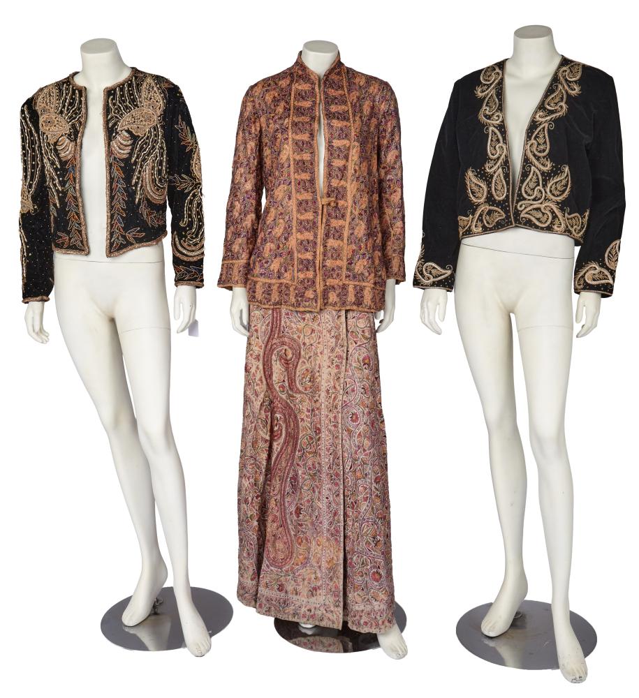 A group of Indian gaments, 20th century

A group of Indian gaments, 20th century

comprising: a wrap-around skirt formed from a 1930s Kashmir embroidered shawl; a Kashmir floral embroidered jacket, 1920s-30s; a man’s waistcoat of polychrome floral Kashmir embroidery; two velvet jackets, one with raised purl wire embroidery, pearl beading; the other labelled ’for Liberty’ with gold thread arabesques, 1980s, various sizes (5)

Share this lot: