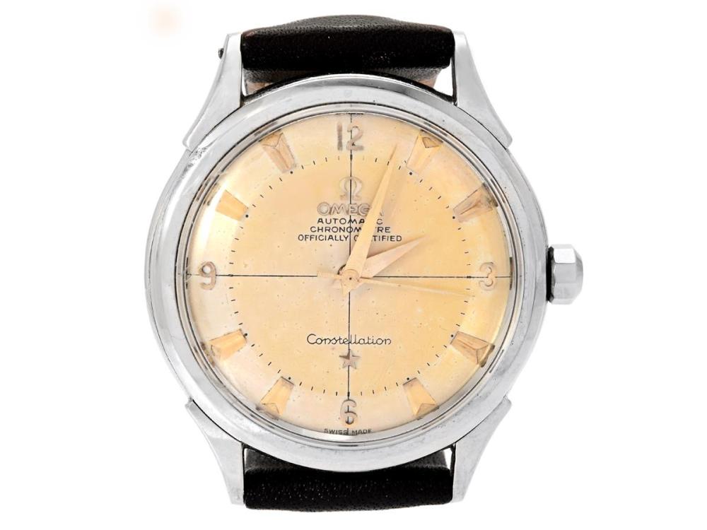 Watches

Omega

OMEGA, Constellation, Chronometre, Cal 505, Serial no. 14651942, Ref no. CK 2852, Case no. 2852 1 SC, men´s wristwatch, 35 mm, steel, self winding, plastic crystal, damaged dial, leather strap, approx. 1955.