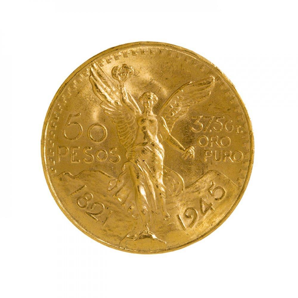 Description

Centennial coin of 50 Mexican pesos.
The obverse shows the figure of the Winged Victory on a background showing the Popocatepetl and Iztaccihuatl volcanoes. The reverse shows the National Coat of Arms of Mexico: an eagle on a cactus devouring a snake. Edge engraved with the inscription "INDEPENDENCIA O LIBERTAD" (INDEPENDENCE OR LIBERTY). Mintage: 1945.
Weight: 41,68 g