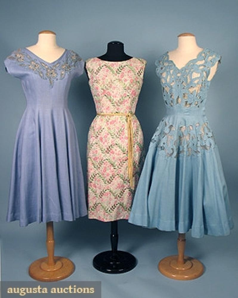 3 SUMMER DRESSES, 1950s

1 blue linen w/ eyelet cutouts, B 33", W 26", L 43"; 1 periwinkle linen w/ soutache, B 37", W 26", L 42"; 1 green & pink printed cotton w/ eyelet decoration,  B 35", W 26", L 42", all excellent.		
Bid Online
Price Realized: $218.50Category:WomensEra:1950-1967
11.7484.1.411