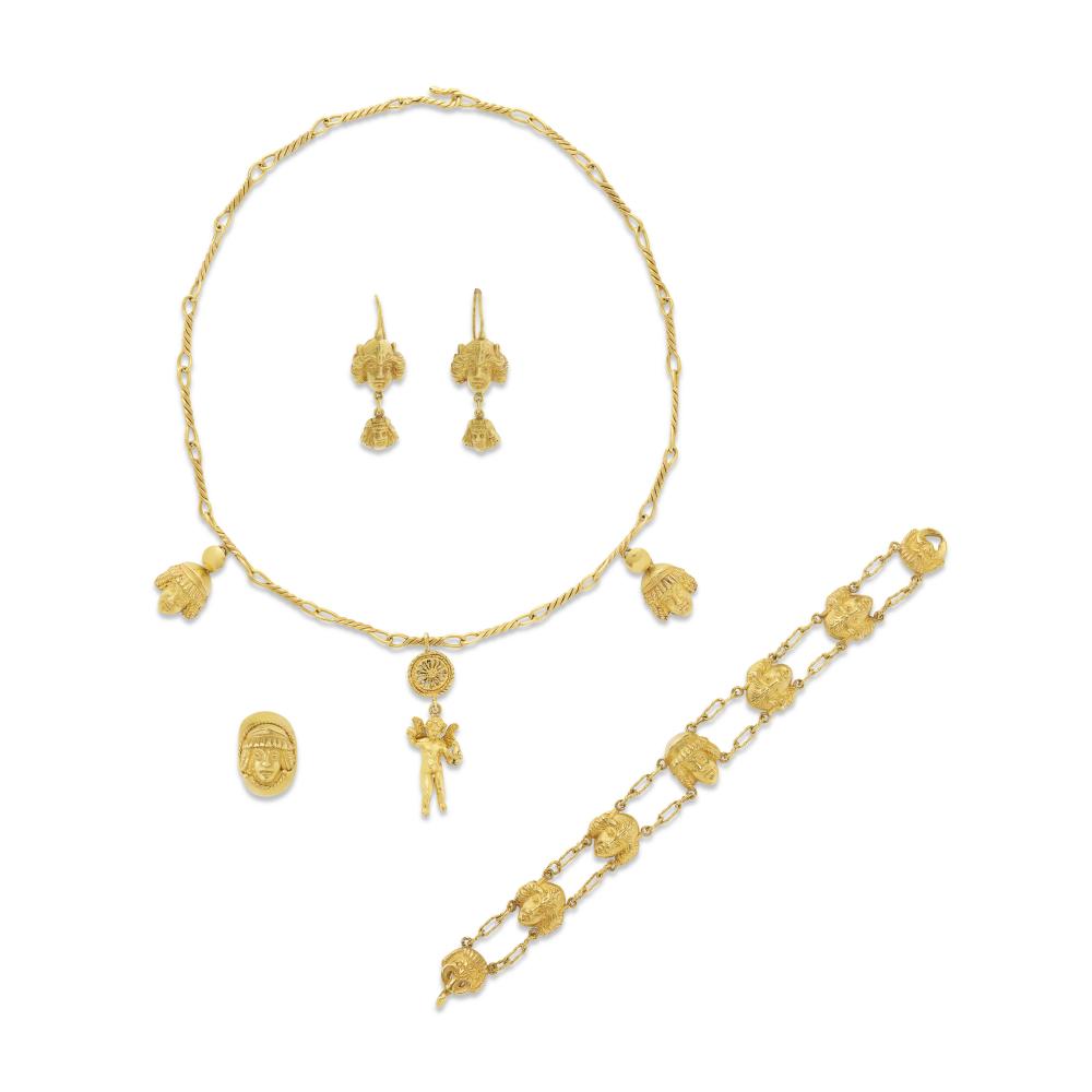 PARURE OR

Comprising a necklace with three charms, a bracelet, a ring and a pair of earrings. 
French import assay marks for 18K yellow gold (750‰). 
Size/Dimensions: necklace 45.0 cm, bracelet 19.0 cm, earrings 4.4 x 1.8 cm, EU ring size 54 / US ring size 6¾ 
Gross weight: 121.65 grams