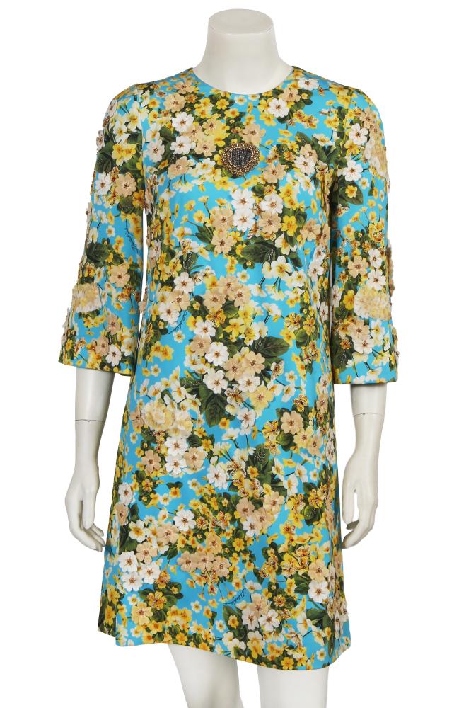 A Dolce & Gabbana embellished silk cocktail dress, circa 2018

A Dolce & Gabbana embellished silk cocktail dress, circa 2018

labelled, size 38, the blue ground printed with yellow and green flowers, embellished throughout with beaded gold and white fabric flowers, with beaded rhinestone heart to the centre bodice, elbow-length sleeves, lined in blue silk, bust 91cm 36in

Share this lot: