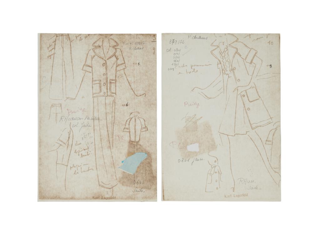 Karl LAGERFELD 1933 - 2019

Ensemble de deux photocopies de dessins

Circa 1970

Copies de dessins avec annotations manuscrites et morceau de tissu figurant des mannequins en pied portant un ensemble tailleur chemise et pantalon, une veste ceinturée. Inscription manuscrite "Col. Jade" , "Jaune", "Rhum", "Jade".

Dimensions : 29 x 21,5 cm

Très bon état