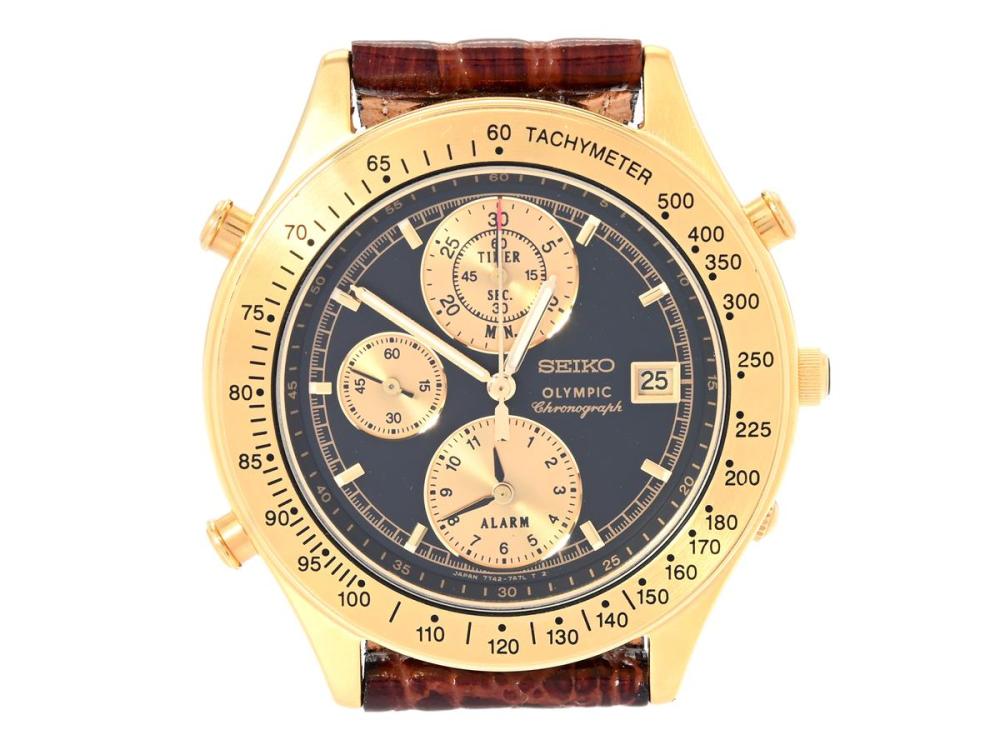 Watches

Seiko

SEIKO, Olympic, "Tachymeter", Serial no. 1N0079, Ref no. SDX048J, Case no. 7T42-7A5A, chronograph, men´s wristwatch, 40 mm, gold plated, quartz, hardlex crystal, date, alarm, leather strap, original buckle, approx. 1991, box.