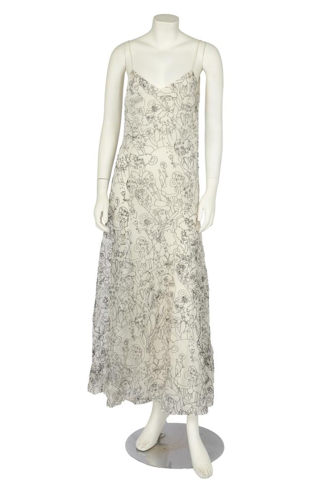 A John Galliano printed gauze evening gown, pre-collection 2001

A John Galliano printed gauze evening gown, pre-collection 2001

labelled, the white gauze flocked in black with 20s-inspired cartoon figures at a cocktail party, with tiny buttons down one side, flared bias-cut skirt, integral white crêpe slip, bust approx 84cm 66in

Share this lot: