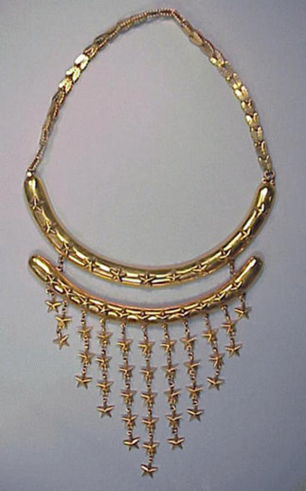 Chanel Star Necklace Circa 1937

Lot 476
Chanel Star Necklace Circa 1937
Circa 1937 
 Gilt-metal, curved bars with star chain pendants, marked: Made in France.
 See Cera, Jewels of Fantasy, p.230