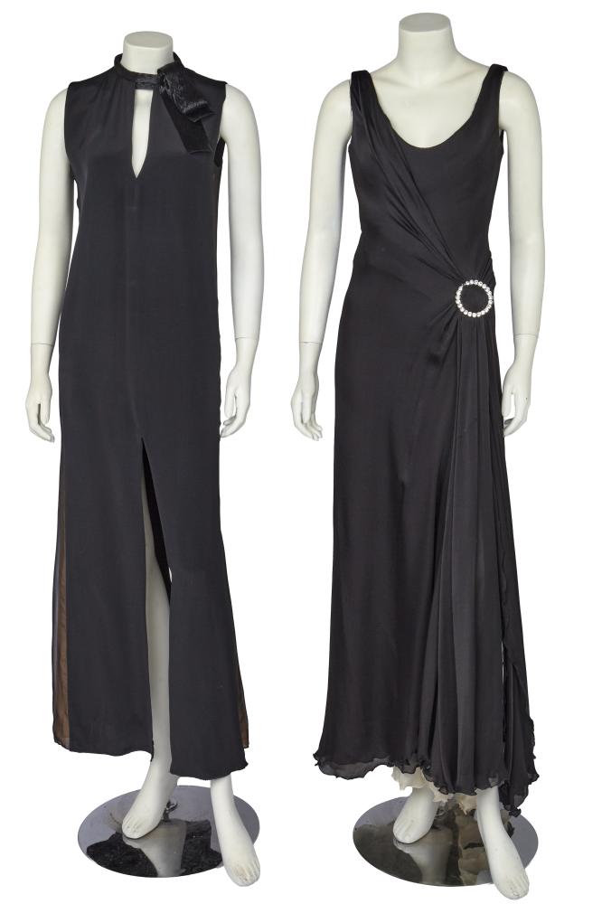 Two black crêpe evening gowns, 1990s-early 2000s

Two black crêpe evening gowns, 1990s-early 2000s

labelled, comprising: an Emilio Pucci black silk columnar gown with beige toned side panels overlaid with black chiffon, bugle-beaded collar with bow, bust approx 86cm 34in; a Stephane Saunier dress with lightly boned corseted bodice, drape of fabric held in a rhinestone buckle to the waist side, layered silk jersey and white chiffon underskirts, bust approx 81cm 32in, waist 66cm 26in (2)

Share this lot:
