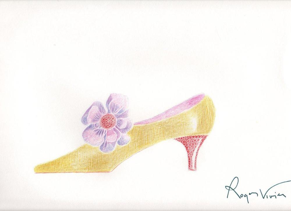 Roger VIVIER (1907-1998), circa 1963 / 1970

Projet d’escarpin au crayon de couleur, empeigne rehaussée d’une fleur, talon bottine, sur papier canson blanc. Signé du monogramme en bas à droite 25 x 32 cm